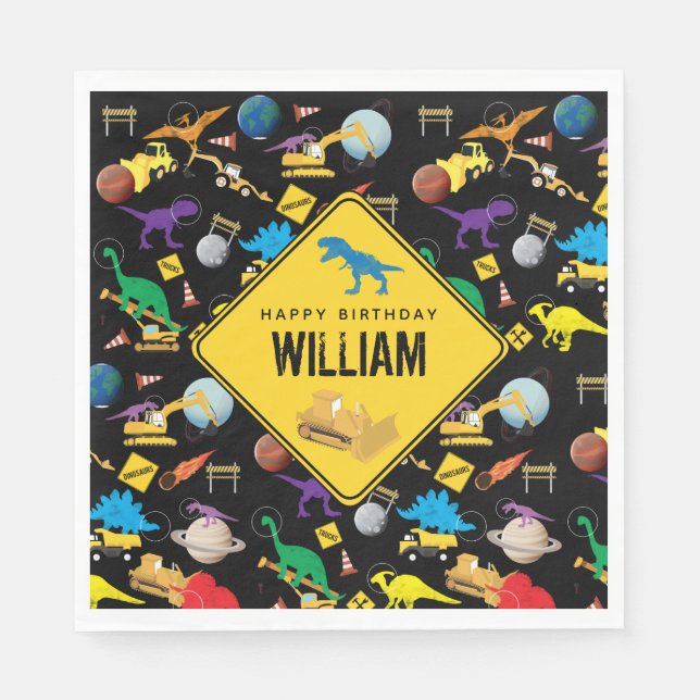 Construction Trucks Dinosaurs in Space Birthday  Napkin (Front)