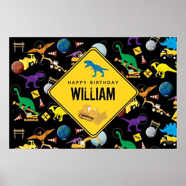 Construction Trucks Dinosaurs in Space Birthday Poster (Front)