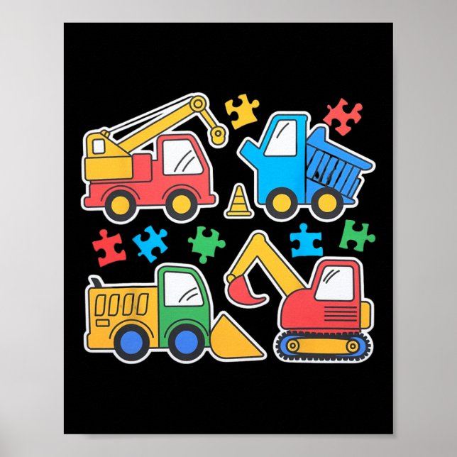 Construction Trucks Excavator Autism Awareness Tee Poster (Front)
