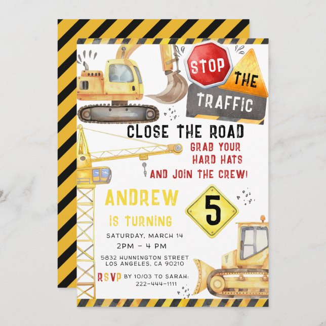 Construction Trucks Excavator Bulldozer  Birthday Invitation (Front/Back)