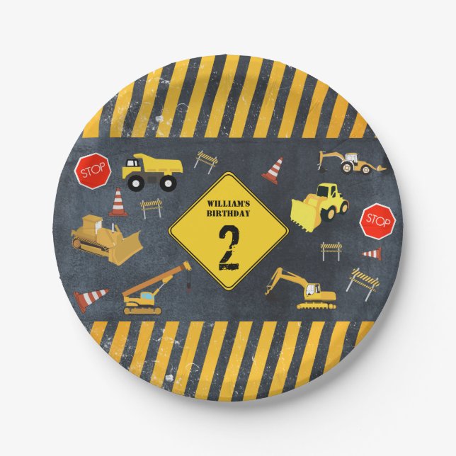 Construction Trucks Heavy Machinery Birthday Boy Paper Plate (Front)