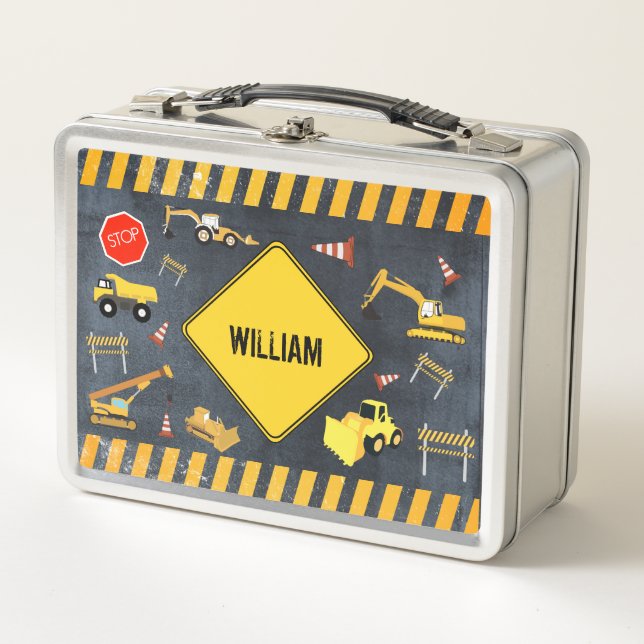 Construction Trucks Heavy Machinery Boy Name  Metal Lunch Box (Front)