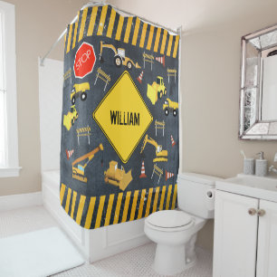 Construction Trucks Heavy Machinery Boy Name Shower Curtain