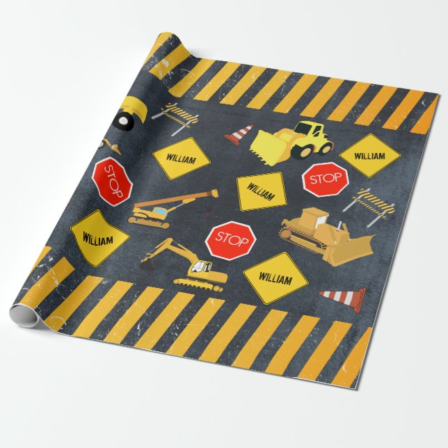 Construction Trucks Heavy Machinery Boy Name Wrapping Paper (Unrolled)