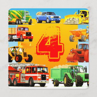 Construction Trucks Kid's 4th Birthday Party Invitation