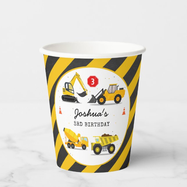 Construction Trucks Kids Any Age Birthday Party Paper Cups (Front)