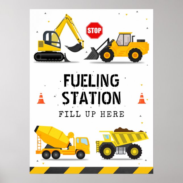 Construction Trucks Kids Birthday Fuelling Station Poster (Front)