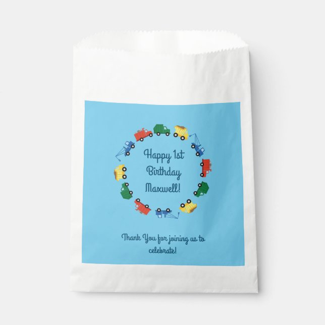 Construction Trucks Kids Birthday Party Favour Bag (Front)