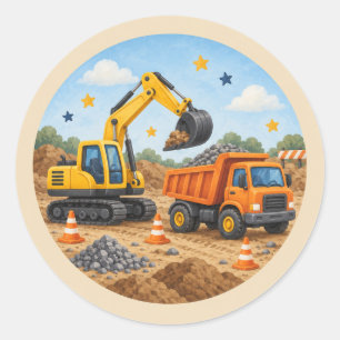 Construction Trucks Kids Birthday Party Favour Classic Round Sticker