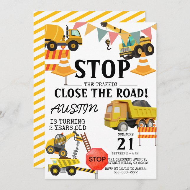 Construction Trucks |  Kids Birthday Party   Invitation (Front/Back)