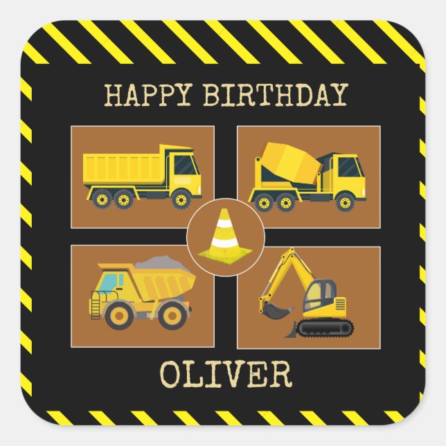 Construction Trucks | Kids Birthday Party  Square Sticker (Front)