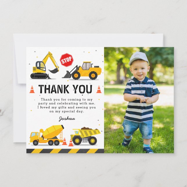 Construction Trucks Kids Birthday Photo Thank You Card (Front)