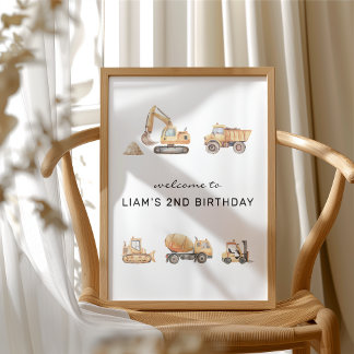 Construction Trucks Modern Birthday Welcome Sign