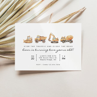 Construction Trucks Modern Minimal Birthday Invitation