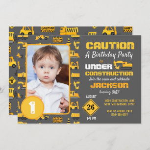 Construction Trucks Pattern Birthday Photo Grey Invitation