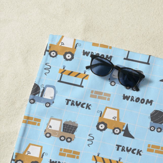 Construction Trucks Pattern Blue Beach Towel (In Situ)