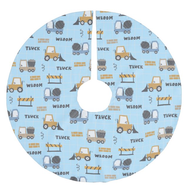Construction Trucks Pattern Blue Brushed Polyester Tree Skirt (Front)