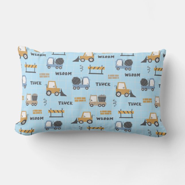 Construction Trucks Pattern Blue Lumbar Cushion (Front)