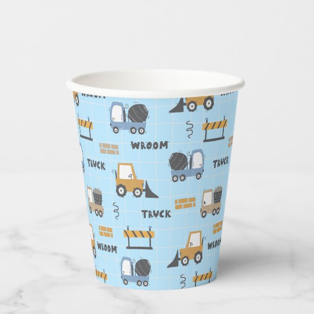 Construction Trucks Pattern Blue Paper Cups (Front)