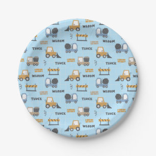 Construction Trucks Pattern Blue Paper Plate