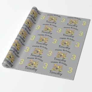Construction Trucks Pattern Boy's Name & Age  Wrapping Paper