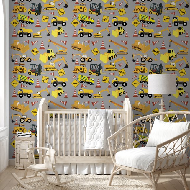 Construction Trucks Pattern Boys Nursery Bedroom Wallpaper (Kids)