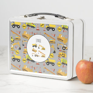 Construction Trucks Pattern Kids Personalised Metal Lunch Box