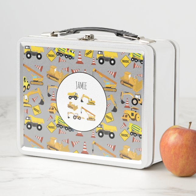 Construction Trucks Pattern Kids Personalised Metal Lunch Box (In Situ)