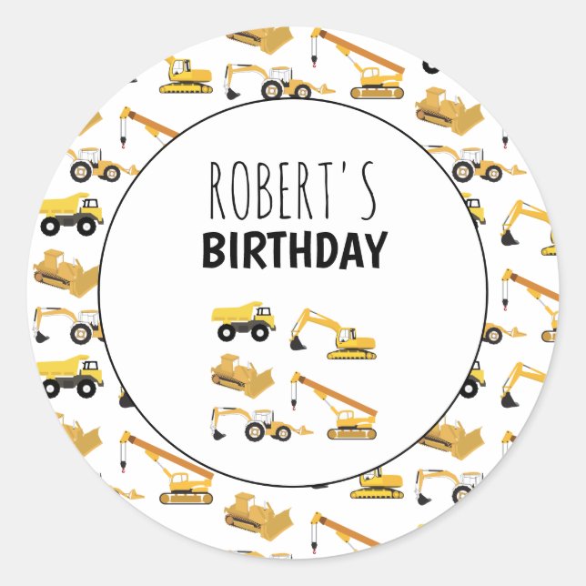 Construction Trucks Personalised Name Boys Classic Round Sticker (Front)