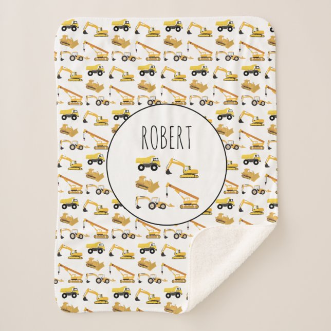 Construction Trucks Personalised Name Boys Sherpa Blanket (Front)