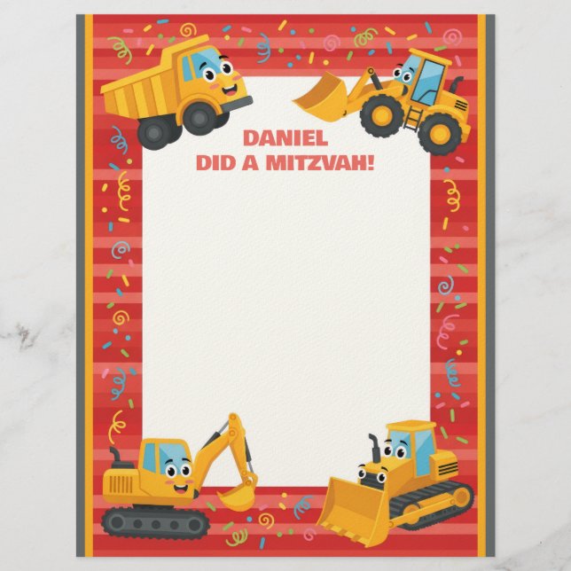 Construction Trucks Red Custom Name Mitzvah Note Letterhead (Front)