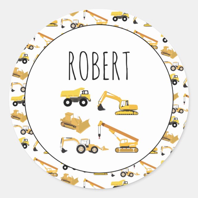Construction Trucks School Custom Name Classic Round Sticker (Front)