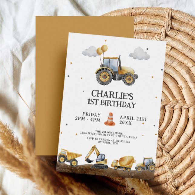 Construction Trucks Simple Minimalist Birthday Invitation (Creator Uploaded)