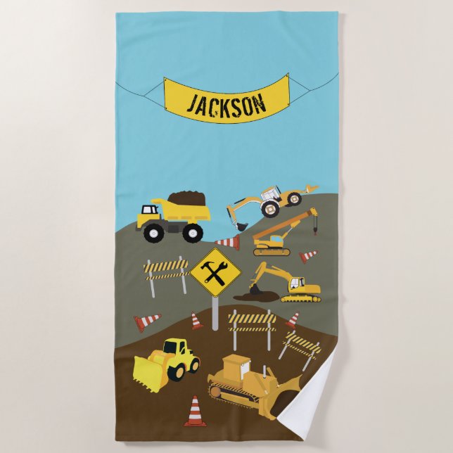 Construction Trucks Site Theme Beach Towel (Front)