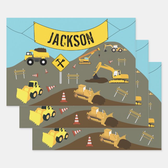 Construction Trucks Site Theme  Wrapping Paper Sheet (Set)