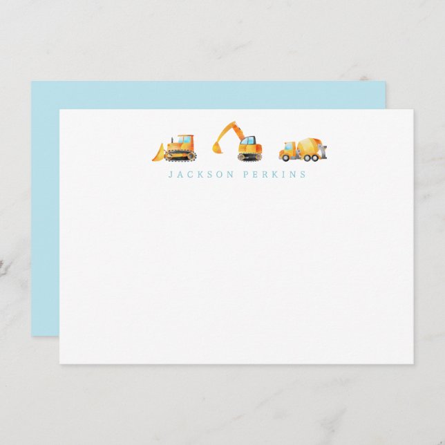 Construction Trucks Stationery Note Cards for Kids (Front/Back)