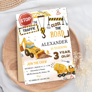 Construction Trucks Theme 3rd Birthday Party Invitation