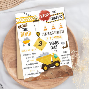 Construction Trucks Theme 3rd Birthday Party Invitation