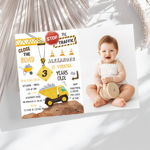 Construction Trucks Theme 3rd Birthday Party Photo Invitation