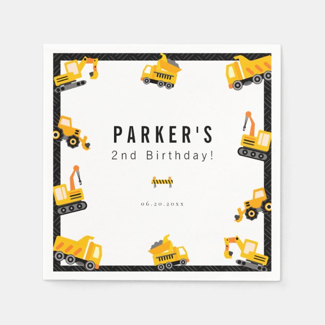 Construction Trucks Theme Birthday Napkin (Front)