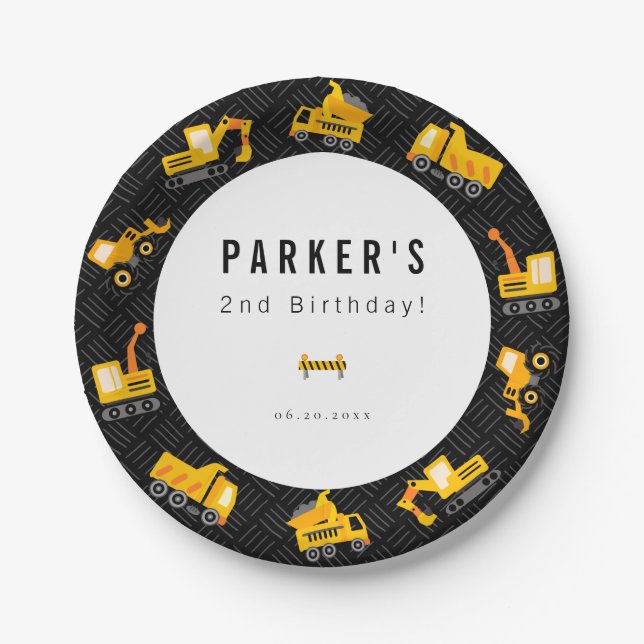 Construction Trucks Theme Birthday Paper Plate (Front)