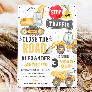 Construction Trucks Theme Birthday Party Invitation