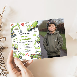 Construction Trucks Theme Birthday Party Photo  Invitation