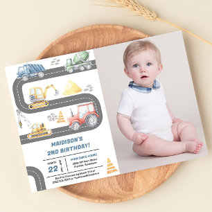 Construction Trucks Theme Birthday Party Photo  Invitation