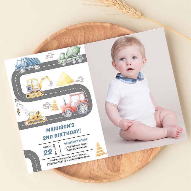 Construction Trucks Theme Birthday Party Photo  Invitation (Creator Uploaded)