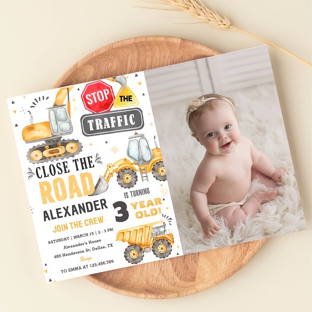Construction Trucks Theme Birthday Party Photo  Invitation (Creator Uploaded)