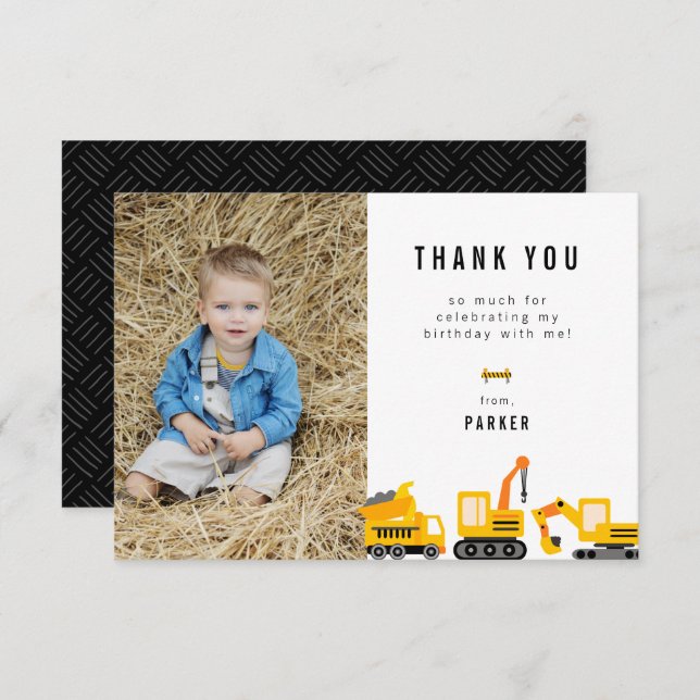 Construction Trucks Theme Birthday Photo Thank You Card (Front/Back)