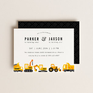 Construction Trucks Theme Joint Birthday Invitation