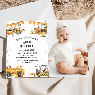 Construction Trucks Theme Joint Birthday Photo Invitation