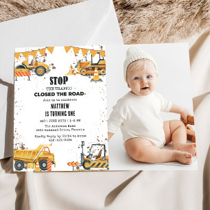 Construction Trucks Theme Joint Birthday Photo Invitation